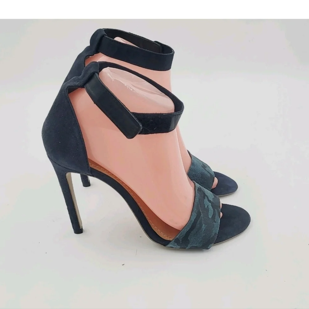 Won Hundred Blue Camo Ankle Strap Peep Toe Stiletto Heel Pumps Size 38 / US 8